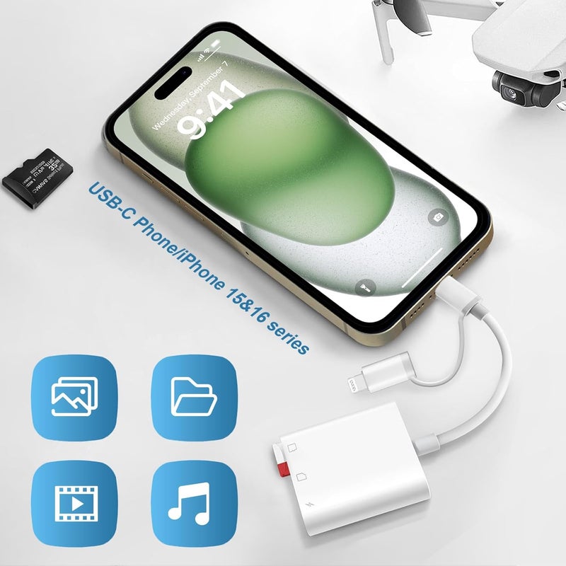 Denlane SD Card Reader for iPhone iPad Mac Dual Connector, Digital Camera Memory Card Adapter to iPhone with SD/Micro SD/Charging Slot, Lightning & USB C SD Card Viewer for Photography, Plug and Play - Image 5